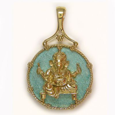 Bronze Ganesh Pendant with Enamel Coated Agate