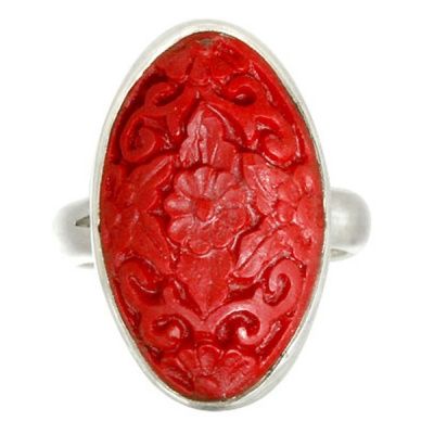 Hand-Carved Cinnabar Ring with Floral Motif