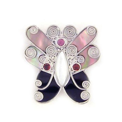 Golden & Black Shell, Mother Of Pearl, Pink Tourmaline & Garnet Butterfly Pin-Pendant