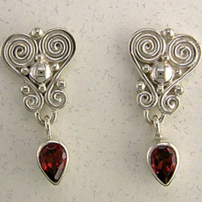 Ornate Garnet Pear Post Earrings