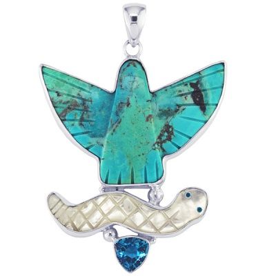 Turquoise Eagle Fetsih Pendant with Mother of Pearl Serpant and Blue Topaz