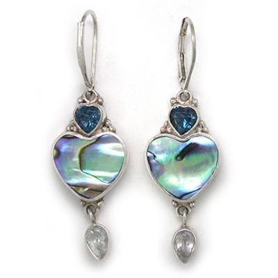 Paua Shell & London Blue Topaz Heart Earrings with Aquamarine