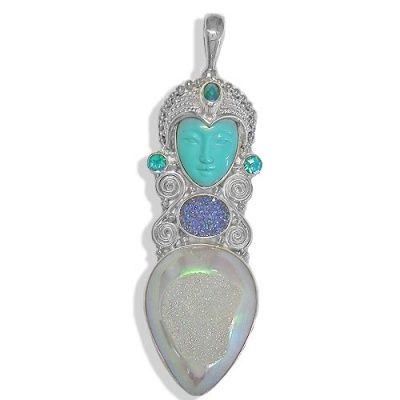 Turquoise Goddess Pendant with Opalized Window Druzy, Caribbean  and Raibnow Teal Quartz and Caribbean Druzy
