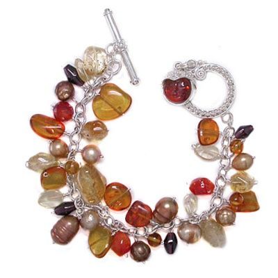 Amber, Garnet, Citrine, Pearl & Mexican Fire Opal Charm Bracelet with Amber Goddess 