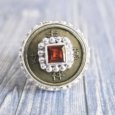 "Good Luck" Chinese Coin and Garnet Silver Ring