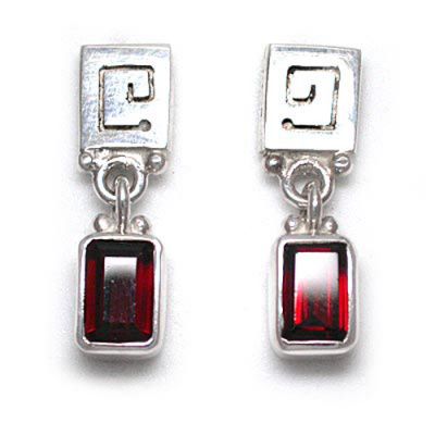 Sterling Silver Geometric Design Earrings with Garnet