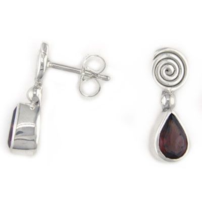 Faceted Garnet Post Earrings With Spiral