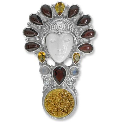 Goddess Pin-Pendant with Gold Druzy, Garnet, Citrine and Rainbow Moonstone