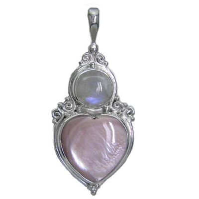 Pink Mother of Pearl Heart and Rainbow Moonstone Silver Pendant
