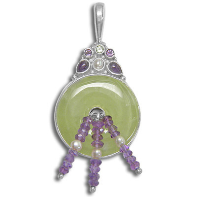 Sterling Silver Prehnite Pendant with Amethyst, Peridot and Pearl