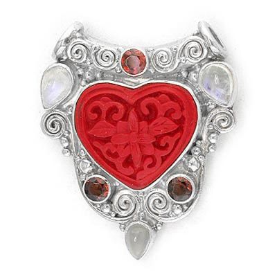 Cinnabar Heart Pendant with Garnet and Moonstone