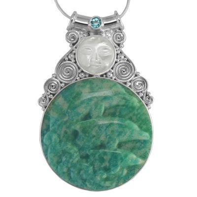 Mother of Pearl Goddess Pendant with Brazilian Amazonite Dolphins & Apatite