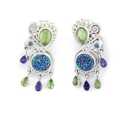 Caribbean Druzy Earrings with Peridot, Iolite and Apatite