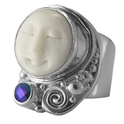 Moon Faced Goddess Ring with Caribbean Quartz