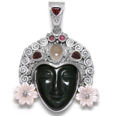 Rainbow Obsidian Goddess Pendant with Pink Mother of Pearl Flowers ...