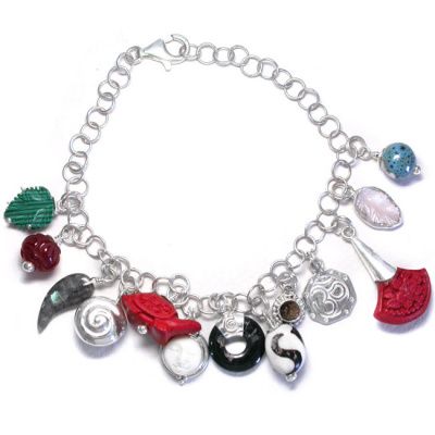 Sterling Silver Malachite, Cinnabar, Mudbead and Shell Charm Bracelet with Multiple Charms