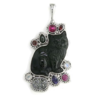 Rainbow Obsidian Cat Pendant with Multi-Gemstones