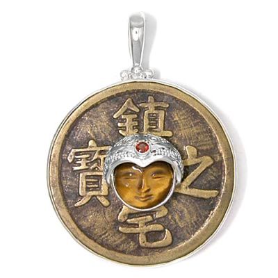 Coin Pendant with Tiger Eye Goddess and Garnet