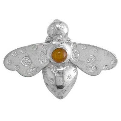 Sterling Silver Bee Pin Pendant with Amber